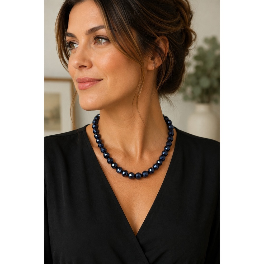 Navy Blue Faceted Bead Necklace Graduated Statement Jewelry Magnetic Clasp